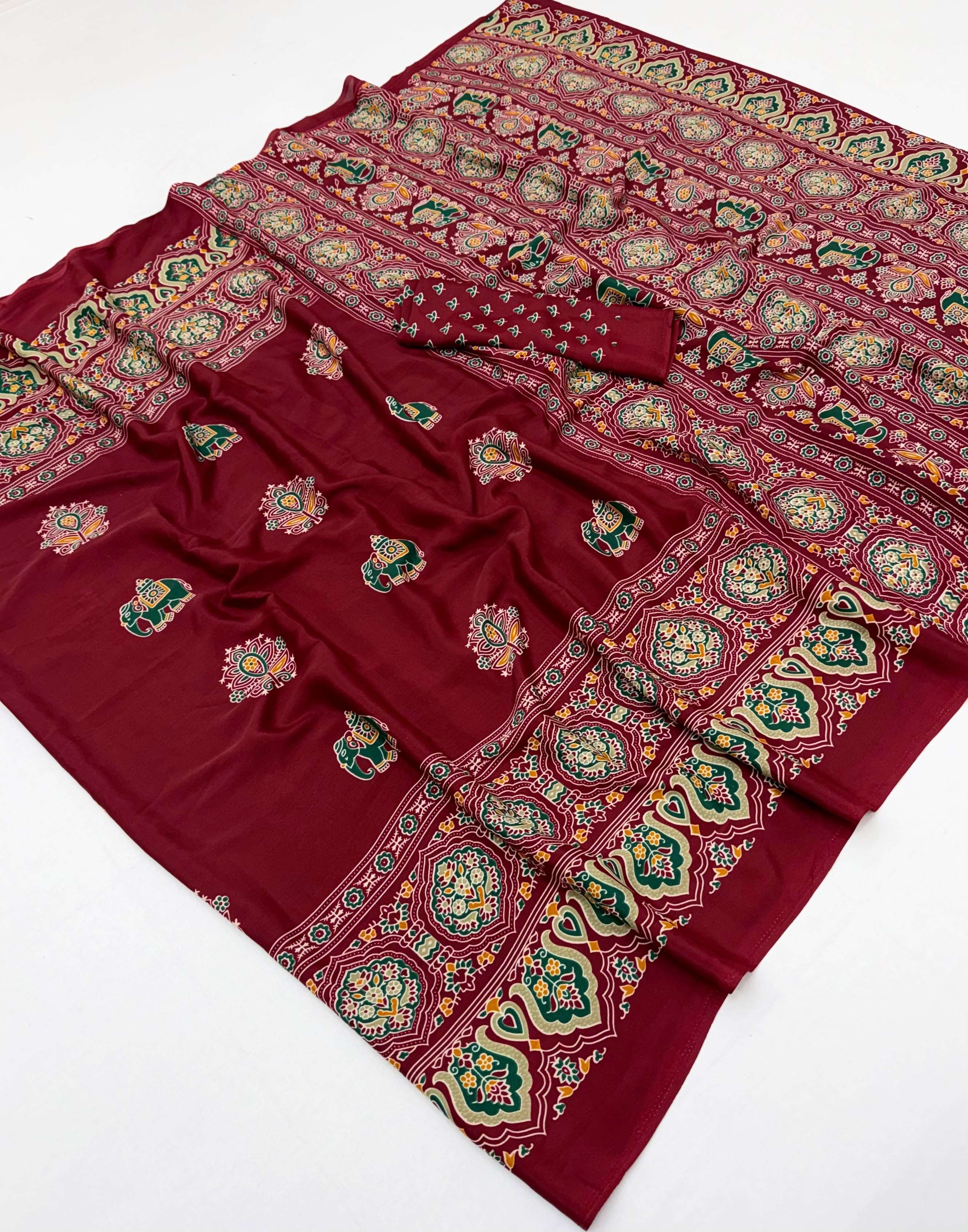 Ajrakh Luxe beautiful and elegant Printed ajrakh satin crepe fabric party wear saree reseller in surat Ajrakh Luxe beautiful and elegant Printed ajrakh satin crepe fabric party wear saree reseller in surat